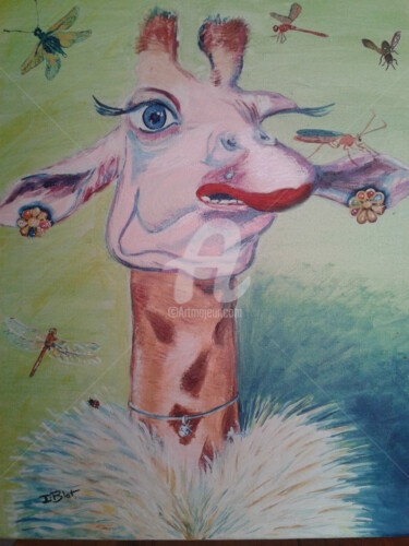 Painting titled "La girafe" by Isabelle Blot, Original Artwork, Oil Mounted on Wood Stretcher frame