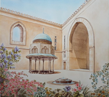 Cour de la mosquée du sultan Hassan - Egypte. Peinture intitulée "Cour de la mosquée…" par Isabelle Blanchon, Œuvre d'art originale, Encre