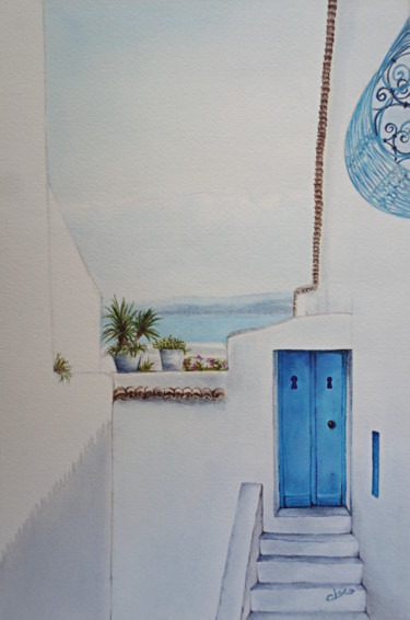 Peinture intitulée "Sidi-Bou-Saïd,vue s…" par Isabelle Blanchon, Œuvre d'art originale, Encre