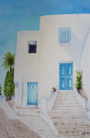 Painting titled "Sidi Bou Saïd, ruel…" by Isabelle Blanchon, Original Artwork, Ink Mounted on Glass