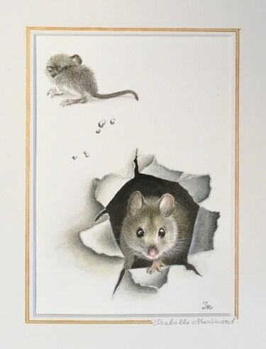 Painting titled "Souris trompe l’oeil" by Isabelle Molinard, Original Artwork, Watercolor