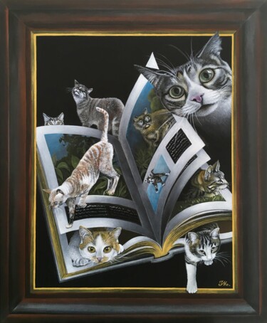 Malerei mit dem Titel "Le livre des chats" von Isabelle Molinard, Original-Kunstwerk, Acryl