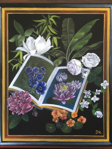 Painting titled "Le livre aux fleurs" by Isabelle Molinard, Original Artwork, Acrylic