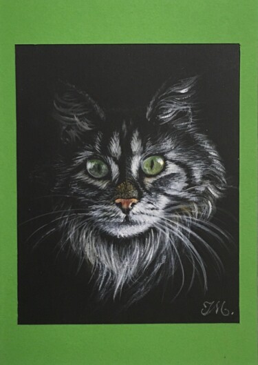 Malerei mit dem Titel "Chat green" von Isabelle Molinard, Original-Kunstwerk, Acryl