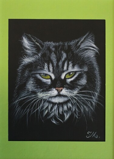 Painting titled "Chat vert" by Isabelle Molinard, Original Artwork, Acrylic