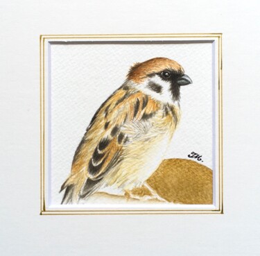 Painting titled "Moineau doré" by Isabelle Molinard, Original Artwork, Watercolor