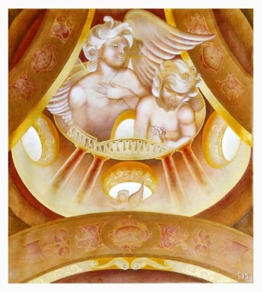 Картина под названием "Couple d'angelots" - Isabelle Molinard, Подлинное произведение искусства, Масло
