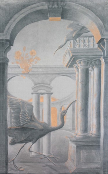 Malerei mit dem Titel "Ibis gris soleil" von Isabelle Molinard, Original-Kunstwerk, Andere