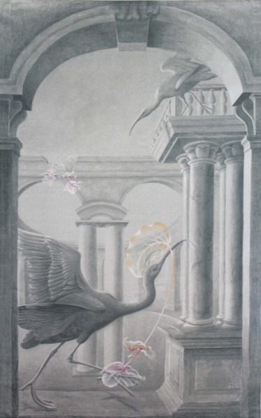 Malerei mit dem Titel "Ibis rouge fleurs" von Isabelle Molinard, Original-Kunstwerk, Andere