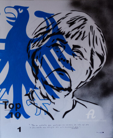 Schilderij getiteld "Angela Merkel  prem…" door Murzo, Origineel Kunstwerk, Graffiti Gemonteerd op Frame voor houten brancard