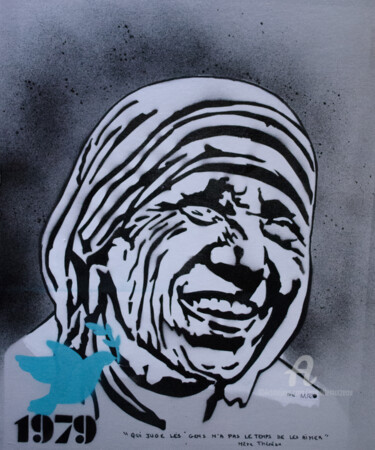 Painting titled "Mère Thérésa" by Murzo, Original Artwork, Spray paint Mounted on Wood Stretcher frame