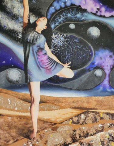 Pintura titulada "Viser la lune ?" por Isabelle Riffard, Obra de arte original, Collages Montado en Bastidor de camilla de m…