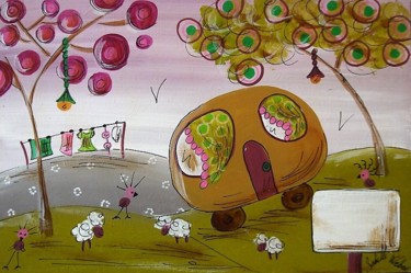 Artcraft titled "le champ de moutons…" by Isabelle Weber, Original Artwork, Home Décor