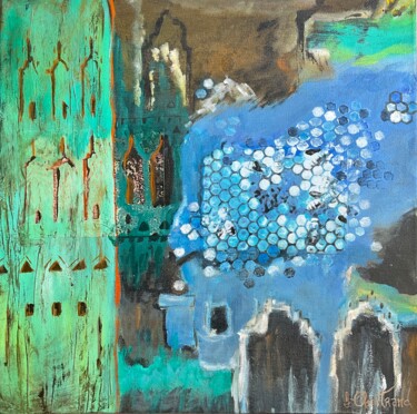 Картина под названием "Hexagone bleu" - Isabelle Chartrand, Подлинное произведение искусства, Акрил Установлен на Деревянная…