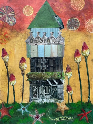 Painting titled "Casa Colibri" by Isabelle Chartrand, Original Artwork, Collages Mounted on Wood Panel