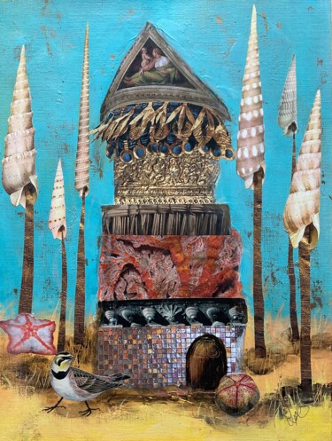 Painting titled "Le Taj de l'alouette" by Isabelle Chartrand, Original Artwork, Collages Mounted on Wood Stretcher frame