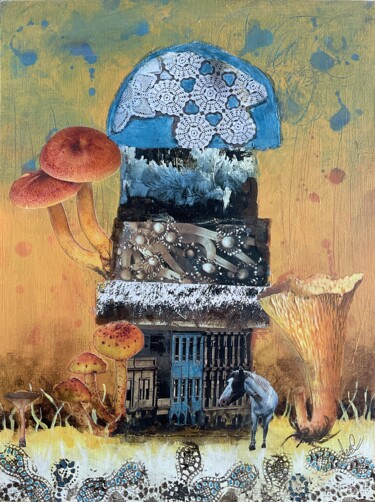Painting titled "La chanterelle" by Isabelle Chartrand, Original Artwork, Collages Mounted on Wood Stretcher frame