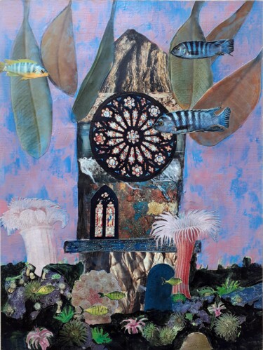 Painting titled "Cathédrale Abyssale" by Isabelle Chartrand, Original Artwork, Collages Mounted on Wood Stretcher frame