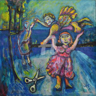isafara, ciseaux aux anges Peinture intitulée "isafara, ciseaux au…" par Isafara, Œuvre d'art originale,