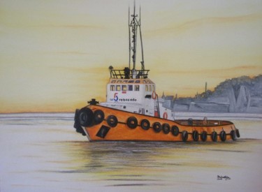 Malarstwo zatytułowany „Rebocador - Tugboat…” autorstwa Isabel Cabrita, Oryginalna praca, Akwarela