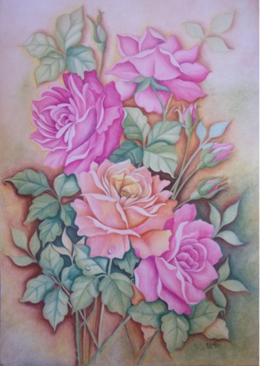Painting titled "Rosas rosa - Pink r…" by Isabel Cabrita, Original Artwork, Watercolor
