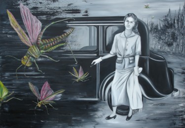 Painting titled "AOUT 1951" by Virginie Isfaoui, Original Artwork, Oil Mounted on Wood Stretcher frame