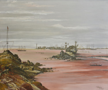 Pittura intitolato "Ship at Dusk" da Ishan Senaka Hewage, Opera d'arte originale, Acrilico Montato su Telaio per barella in…