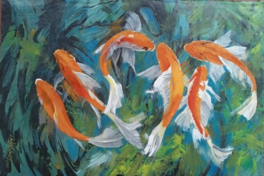 Painting titled "Koi in a Pond" by Ishan Senaka Hewage, Original Artwork, Acrylic Mounted on Wood Stretcher frame