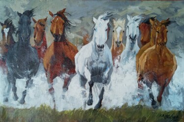 Картина под названием "Stallions" - Ishan Senaka Hewage, Подлинное произведение искусства, Акрил Установлен на Деревянная ра…