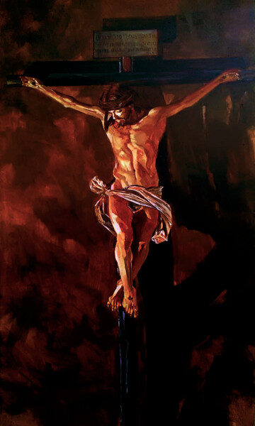 Schilderij getiteld "Crucifixion" door Ishan Senaka Hewage, Origineel Kunstwerk, Acryl Gemonteerd op Frame voor houten branc…