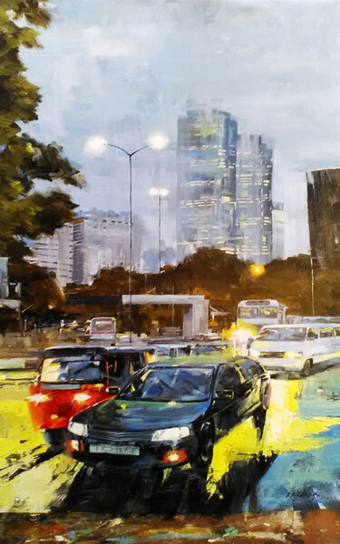 Картина под названием "Night in the City" - Ishan Senaka Hewage, Подлинное произведение искусства, Акрил Установлен на Дерев…