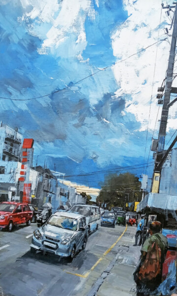 Painting titled "Bustling Street" by Ishan Senaka Hewage, Original Artwork, Acrylic Mounted on Wood Stretcher frame