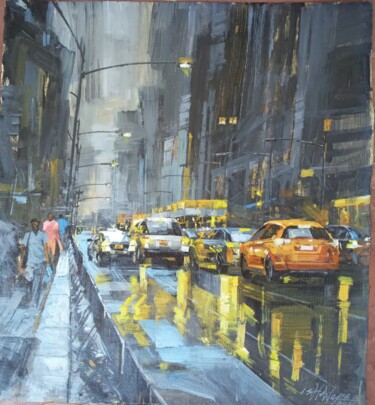 Painting titled "Hustle of a City" by Ishan Senaka Hewage, Original Artwork, Acrylic Mounted on Wood Stretcher frame