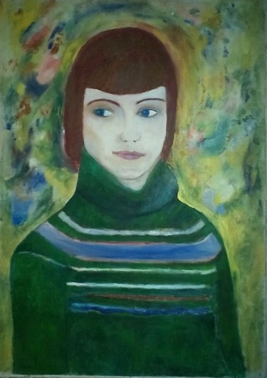 Painting titled "girl in a green swe…" by Irina Ishimscai Victor Golubev, Original Artwork, Oil
