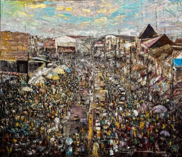 Картина под названием "Idumota hustling la…" - Isiuwe Onyeabor Emmanuel, Подлинное произведение искусства, Акрил