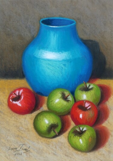 Painting titled "Blue vase and apples" by Ismail Lawal, Original Artwork, Pastel