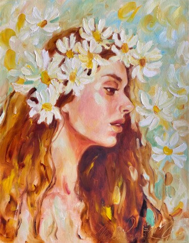 Painting titled "Daisies in the heart" by Isolde Pavlovskaya, Original Artwork, Oil Mounted on Wood Stretcher frame