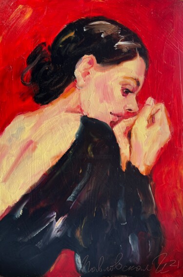 Painting titled "Thinking about you" by Isolde Pavlovskaya, Original Artwork, Oil Mounted on Cardboard