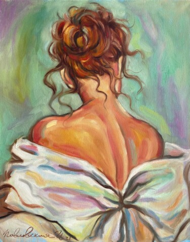 Painting titled "In a white dress" by Isolde Pavlovskaya, Original Artwork, Oil Mounted on Wood Stretcher frame