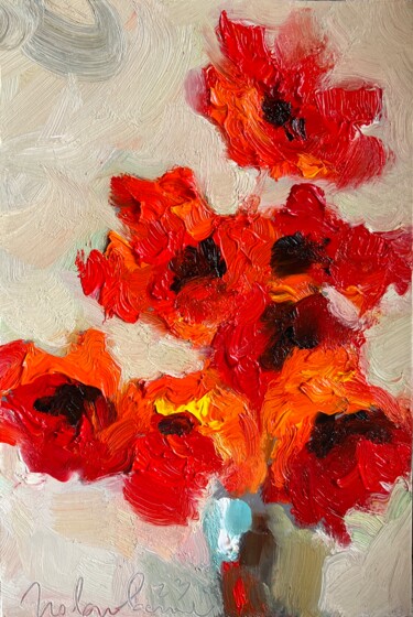 Painting titled "Poppies on beige" by Isolde Pavlovskaya, Original Artwork, Oil Mounted on Cardboard