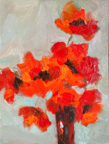 Painting titled "Red Poppies" by Isolde Pavlovskaya, Original Artwork, Oil Mounted on Cardboard