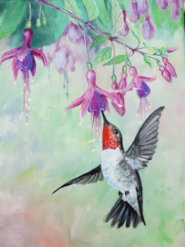 Hummingbird and Fuchsia Pintura intitulada "Hummingbird and Fuc…" por Marina Izotova, Obras de arte originais, Óleo Montado em Maca de lona