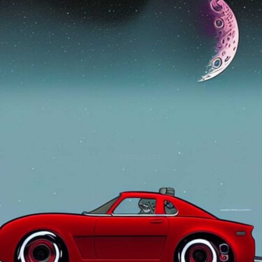 Digitale Kunst getiteld "Red Car and Moon" door Isra, Origineel Kunstwerk, AI gegenereerde afbeelding