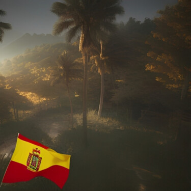 Digitale Kunst getiteld "Flag And Palm Trees" door Isra, Origineel Kunstwerk, AI gegenereerde afbeelding