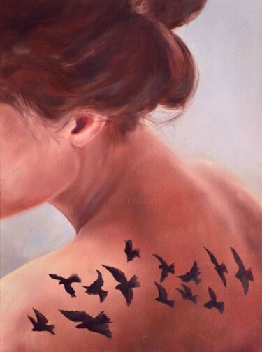 제목이 "Birds"인 미술작품 Istvan Cene Gal로, 원작, 기름 나무 들것 프레임에 장착됨