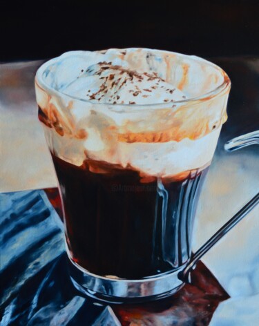 Painting titled "Morning coffe 5." by Istvan Cene Gal, Original Artwork, Oil Mounted on Wood Stretcher frame