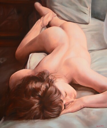 Painting titled "Sleeping girl" by Istvan Cene Gal, Original Artwork, Oil Mounted on Wood Stretcher frame