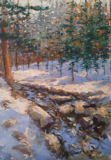 Painting titled "Snow and ice" by István Kenéz, Original Artwork, Oil Mounted on Wood Stretcher frame