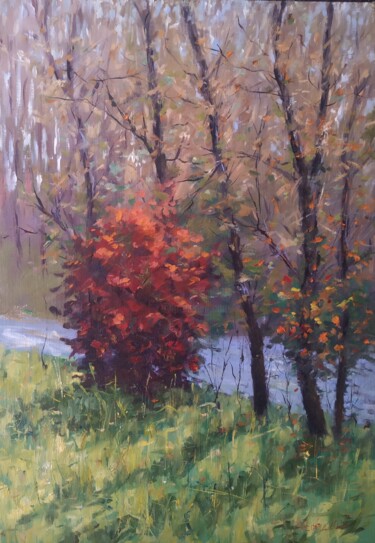 Painting titled "Autumn by the creek" by István Kenéz, Original Artwork, Oil Mounted on Wood Stretcher frame