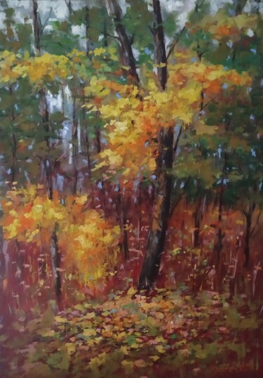 Painting titled "Autumn leaves" by István Kenéz, Original Artwork, Oil Mounted on Wood Stretcher frame